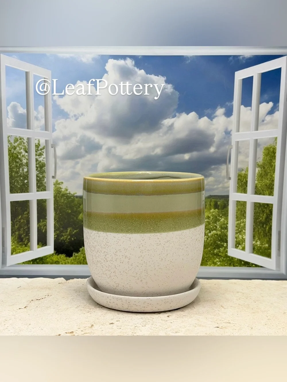 Striped Ceramic Planter with Drainage and Attached Saucer | Handmade Pottery Pot